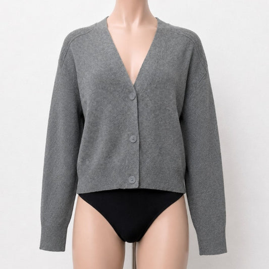 Zara Heather Gray Micro Rib V-Neck Front Button Long Sleeve Crop Cardigan Sweater S