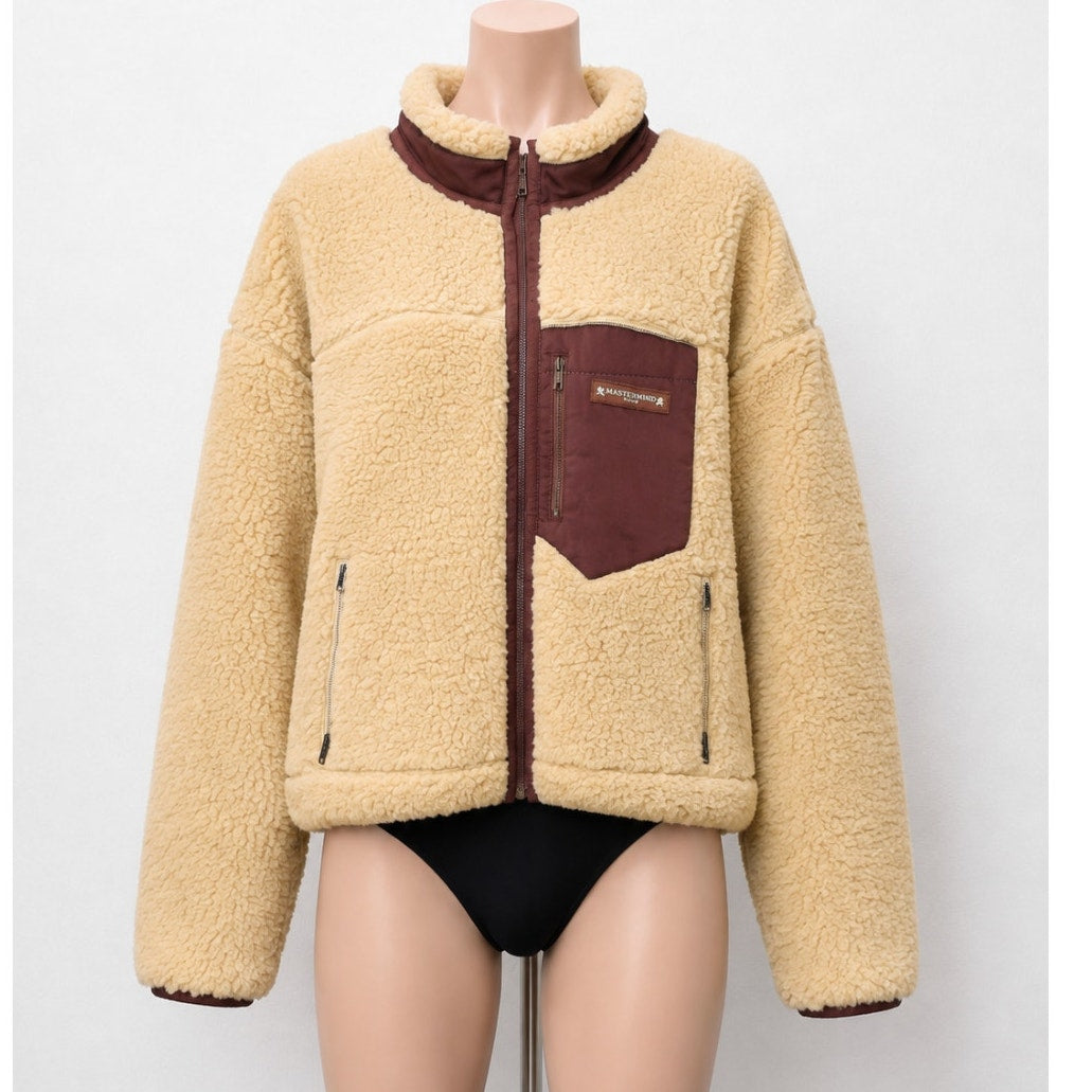 NWT Mastermind World Beige & Brown Cashmere Sherpa Jacket Skull & Crossbone Back
