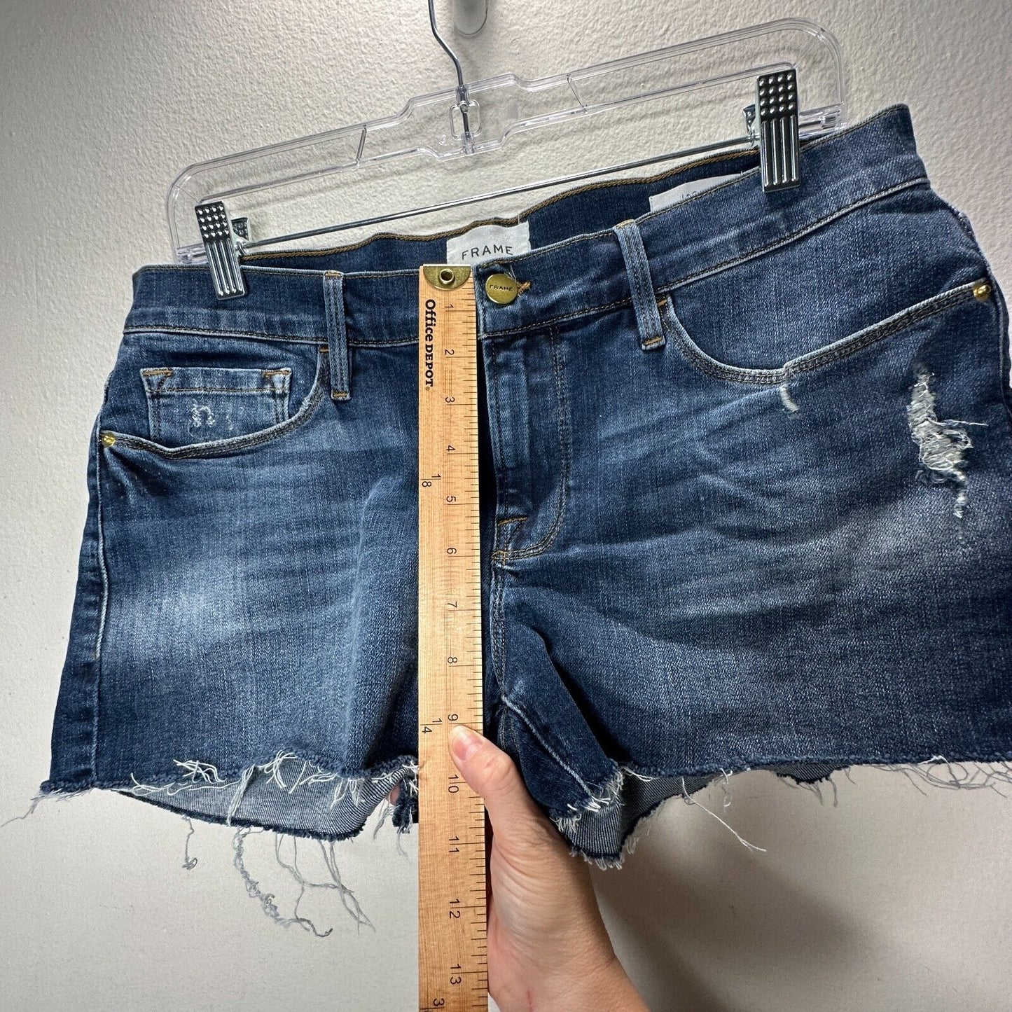 Frame Le Cut Off Azure Jean Shorts Raw Edge Frayed Hem Fading & Whiskering 28