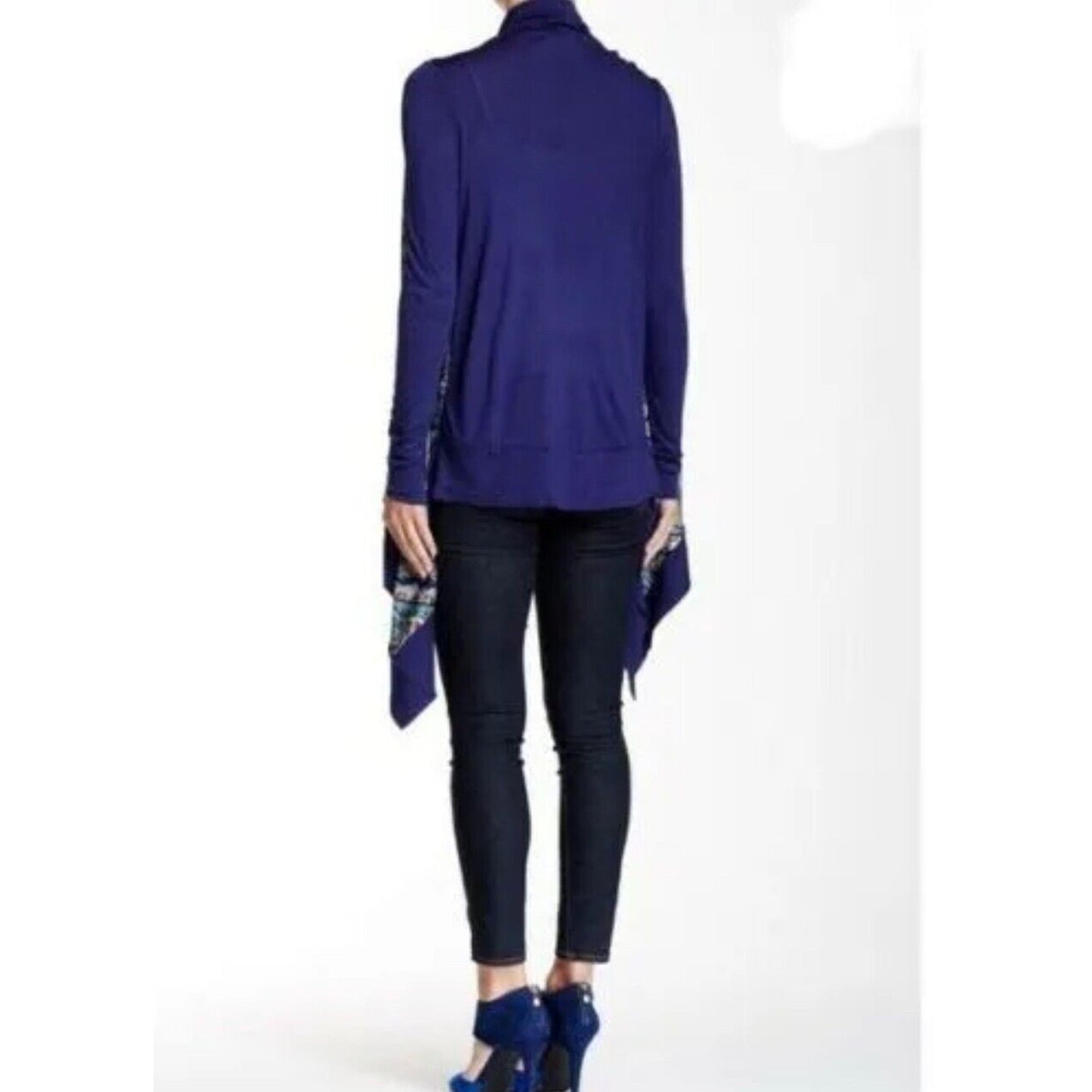 Vertigo Satin High Low Paisley Royal Blue Orange Long Sleeve Drape Cardigan S