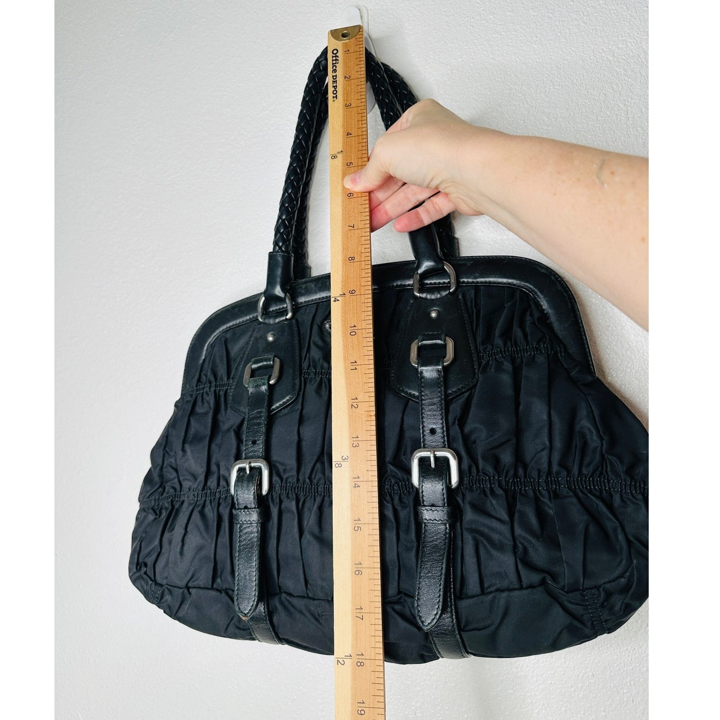 Prada Vintage 90s Black Nylon & Leather Buckle Braided Handle Purse