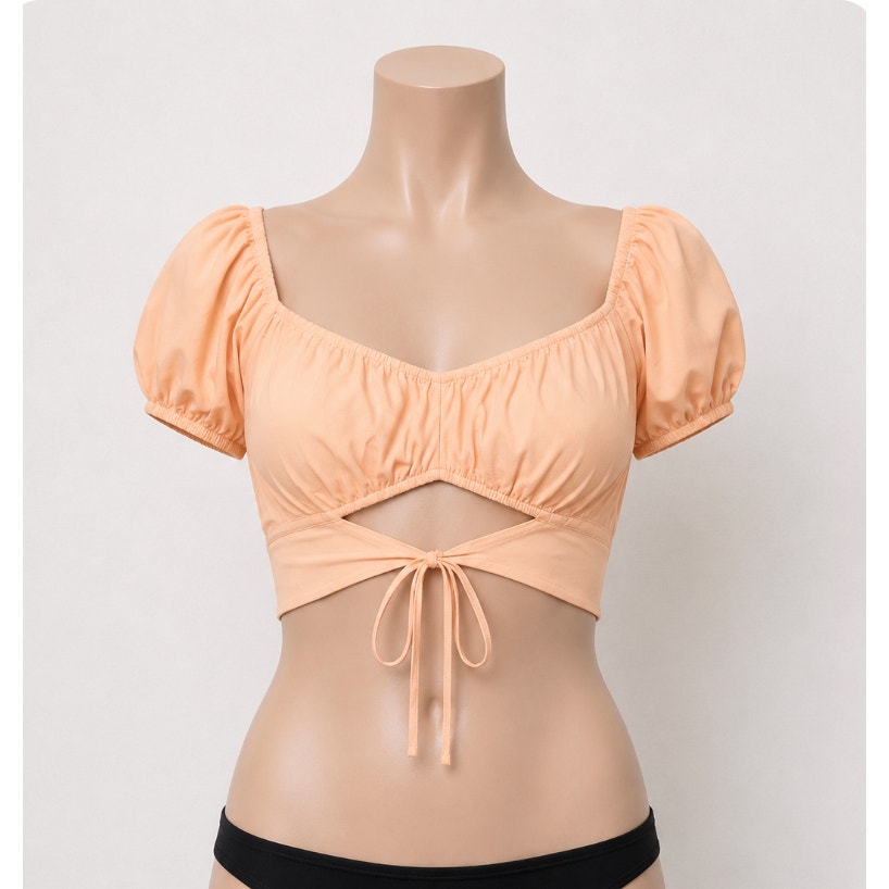 Le Lis Peach Puffed Short Sleeve Front Tie Elastic Neck Sleeve Crop Top L
