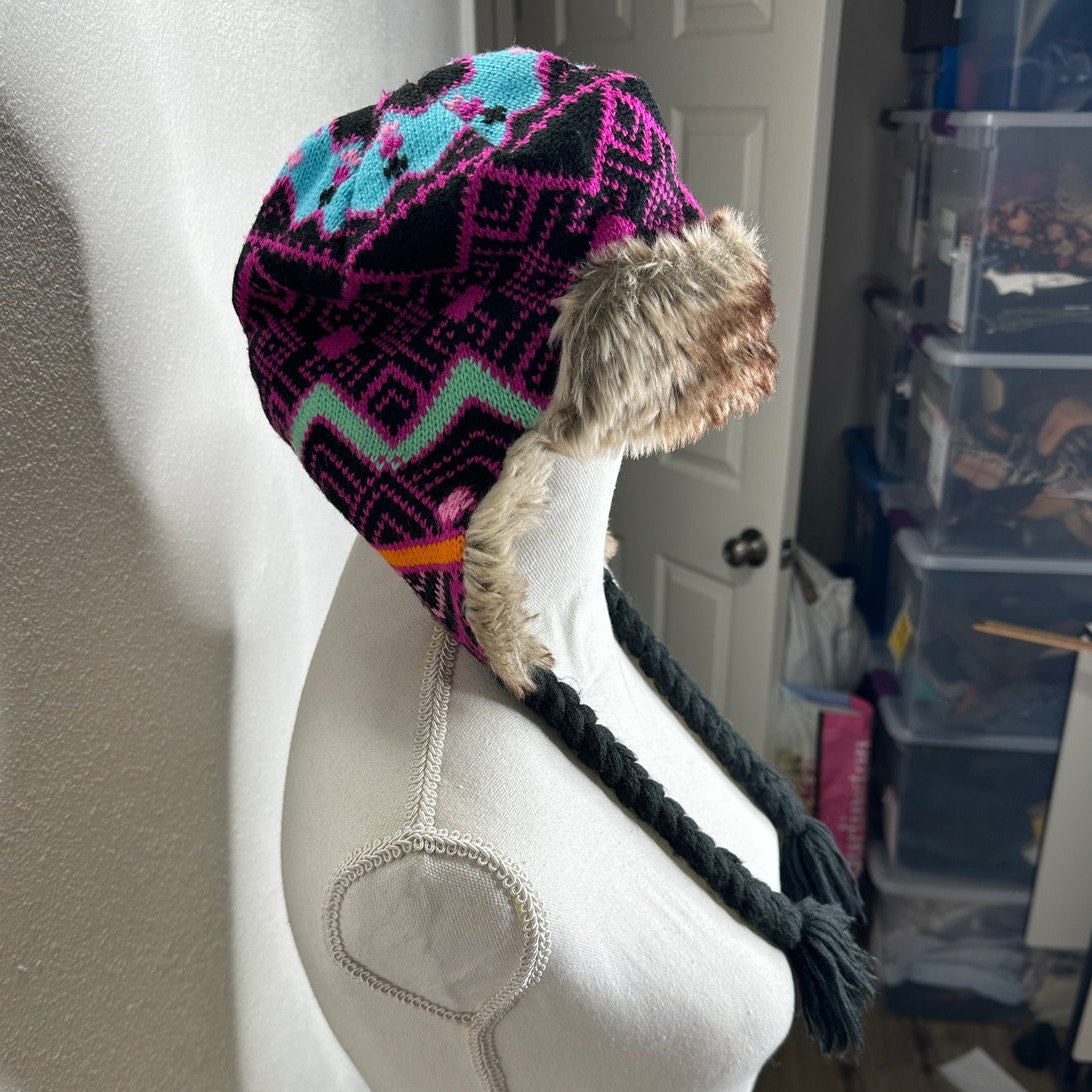 Billabong Pink Black Blue Knit with Faux Fur Trapper Hat OS