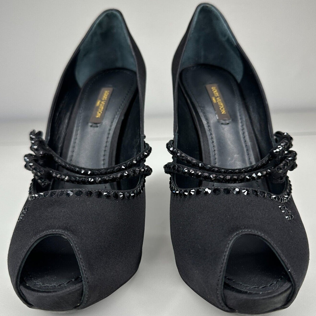 Louis Vuitton Vintage Black Satin Open Toe Crystal Strap Embellished Pumps 37.5