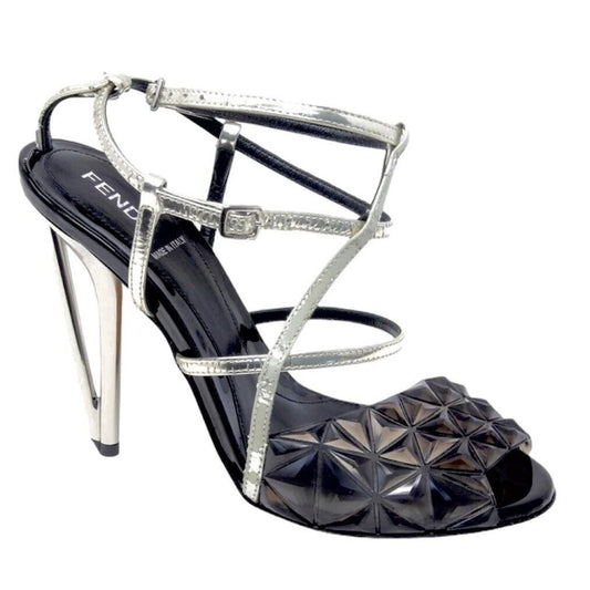 Fendi Cute Black Silver Iridia PVC Buckle Pyramid Metallic Strap Sandals 39