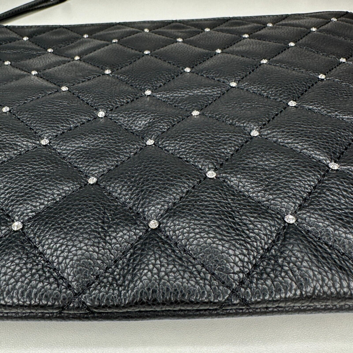 NIB Swarovski Black Quilted Leather & Crystals Zip Close Leather Strap Clutch