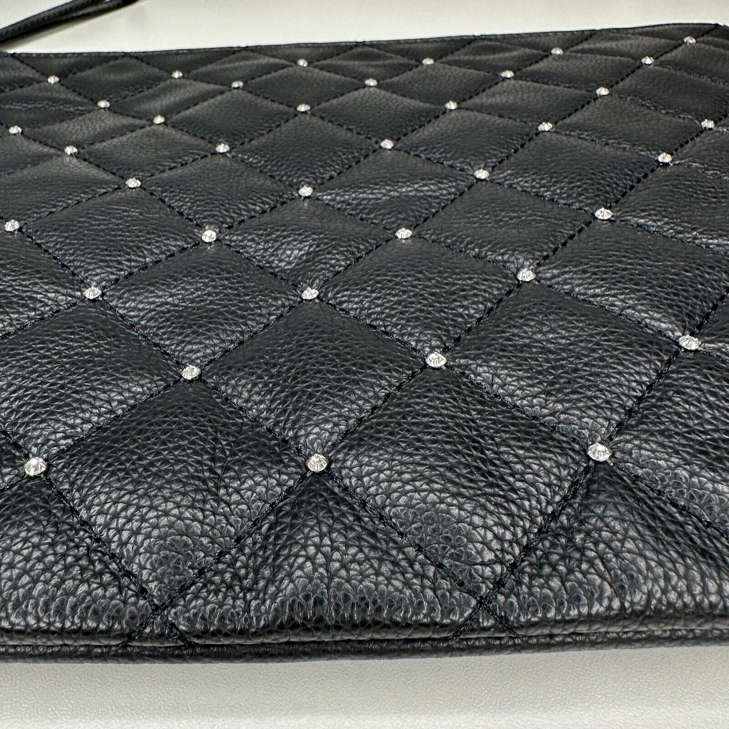 NIB Swarovski Black Quilted Leather & Crystals Zip Close Leather Strap Clutch
