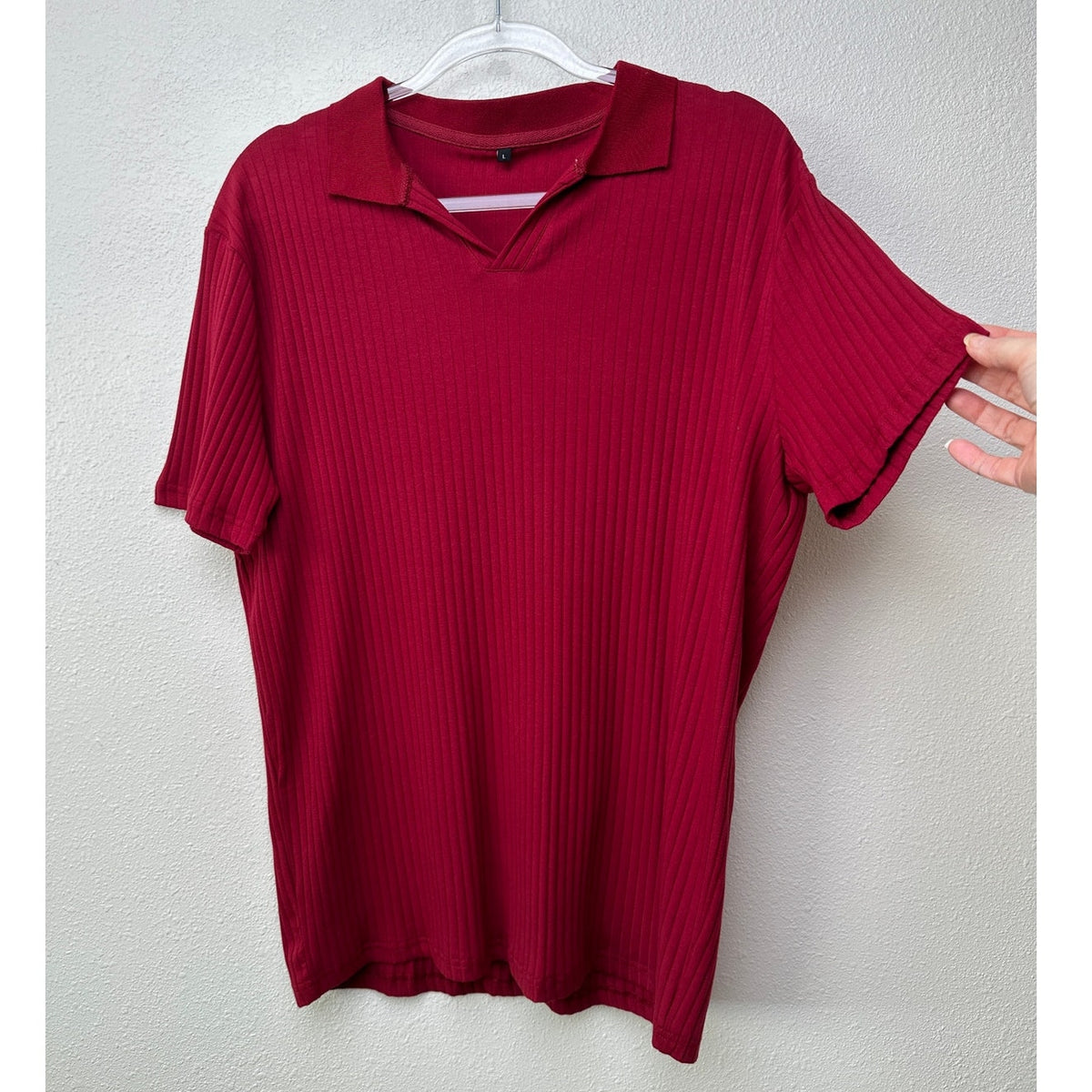 Men’s Red Ribbed Knit Polo Shirt Short Sleeve Size L