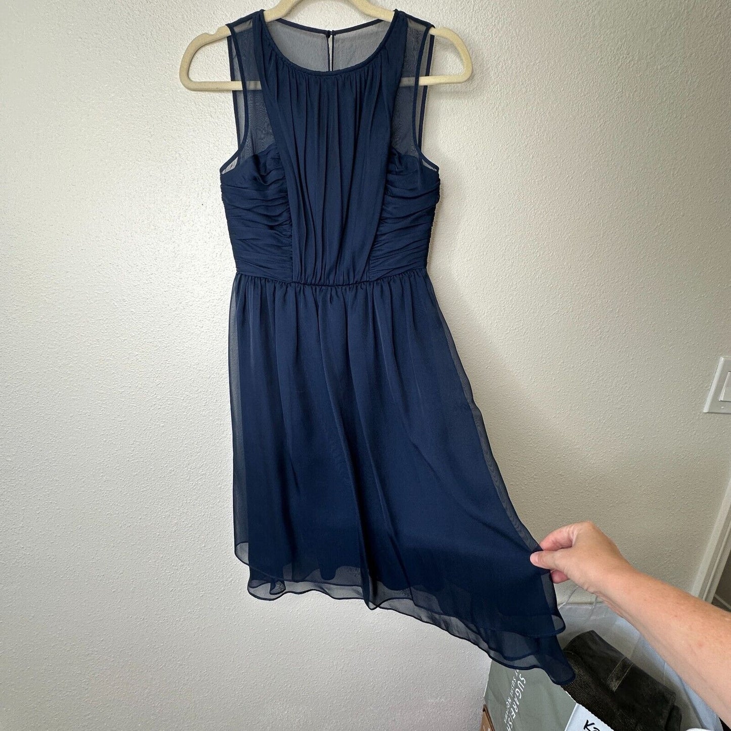 Hitherto Daylily Navy Sheer Shoulder Sleeveless Dress Ruched Side & Back Waist 0