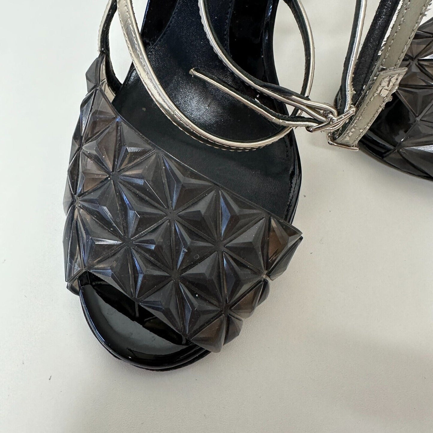 Fendi Cute Black Silver Iridia PVC Buckle Pyramid Metallic Strap Sandals 39