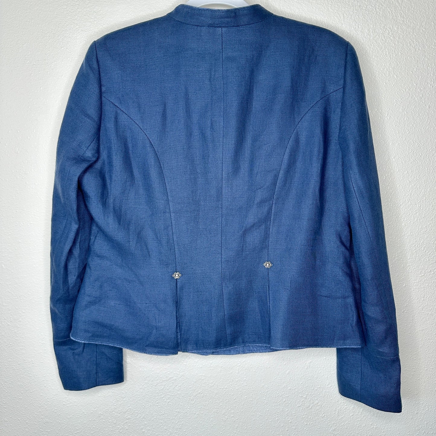 Loden Plankl Denim Blue Linen Band Neck Silver Floral Decorative Buttons Blazer Jacket