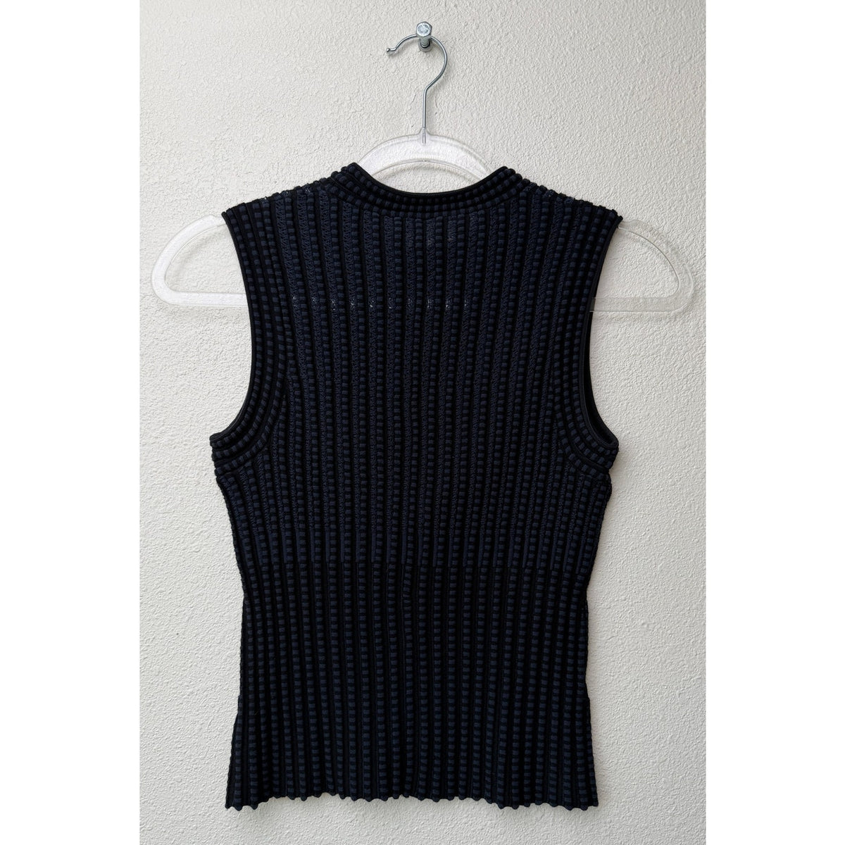 Theory Black Blue Stripe Ribbed Sleeveless Mock Neck Knit Top US S