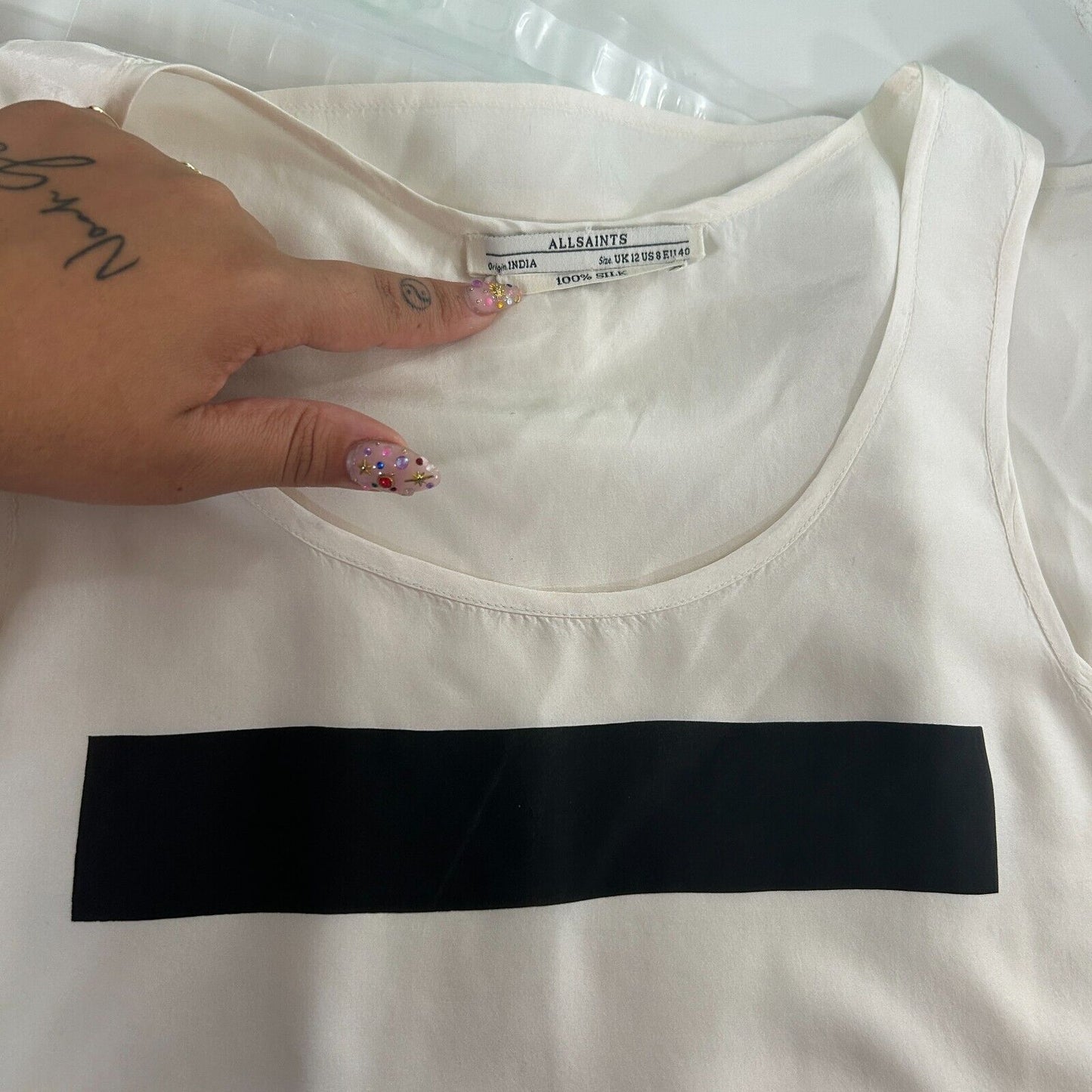 Allsaints Off-White 100% Silk Long Line Tank Top Black Rectangle Block Front 8