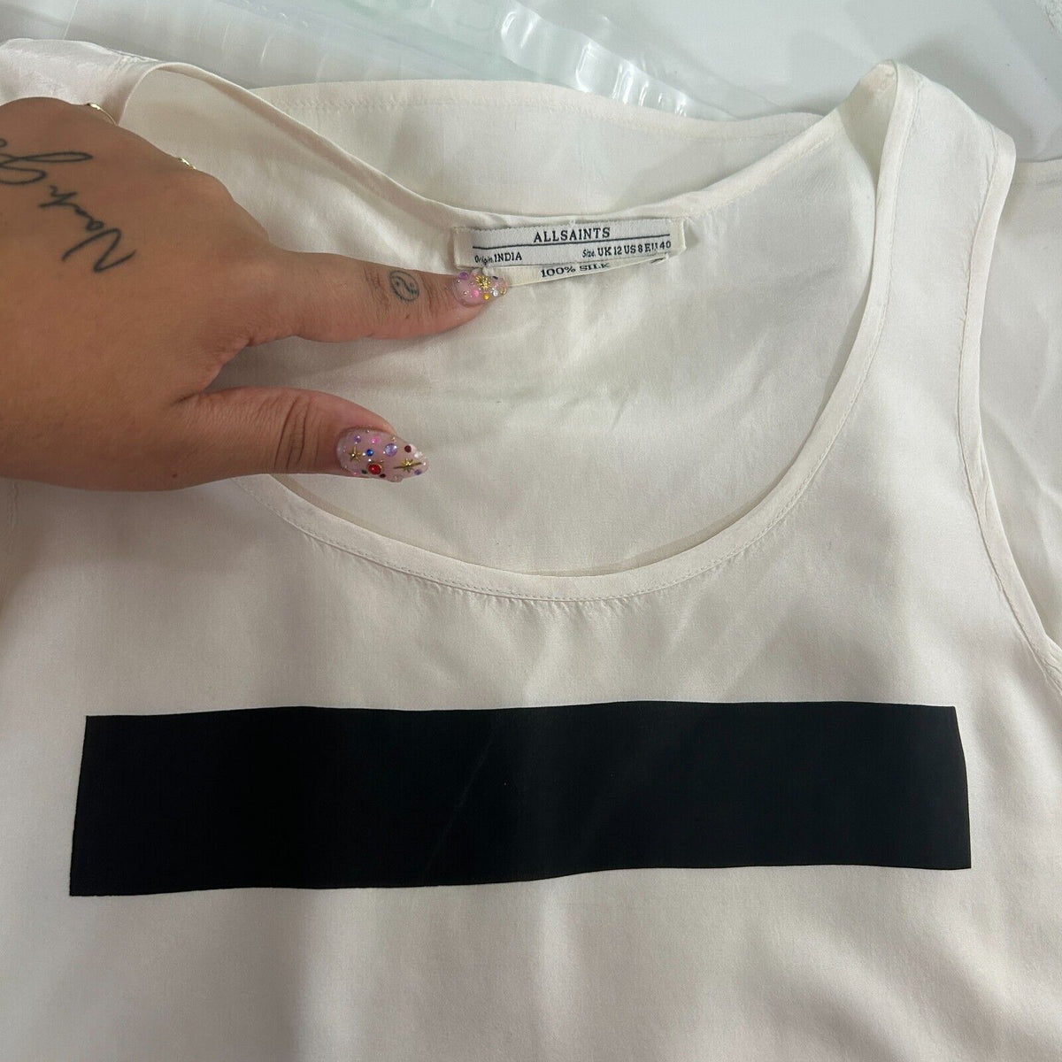 Allsaints Off-White 100% Silk Long Line Tank Top Black Rectangle Block Front 8
