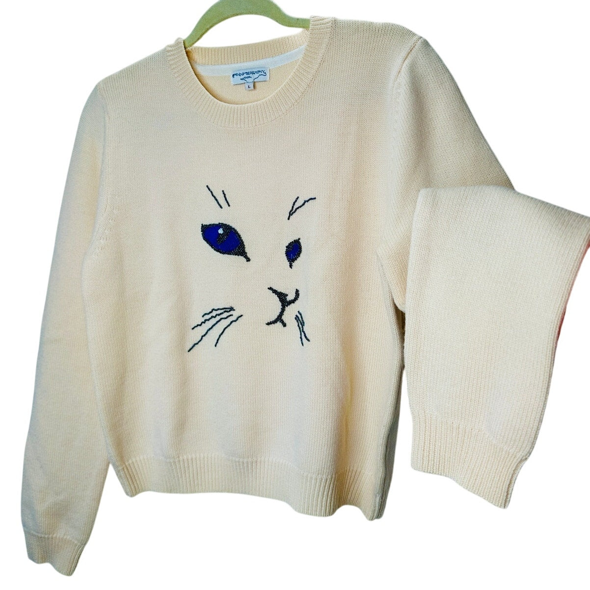 Opening Ceremony Butter Cream Crew Neck Cat Motif Sweater L
