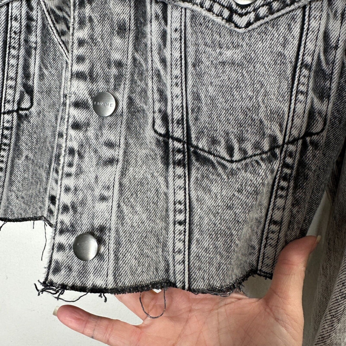 Frame Stonewashed Gray Faded & Distressed Crop Jacket Front Button Raw Hem S