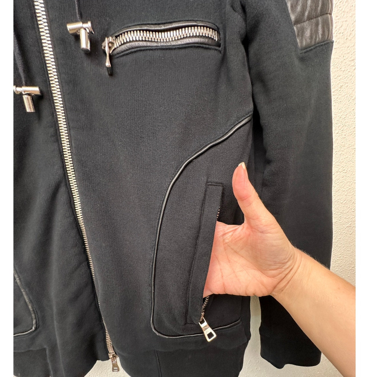 Balmain Black Moto Hoodie Leather-Shoulder Zip Sweatshirt Men M