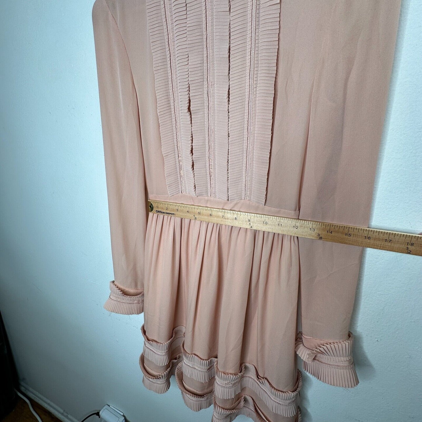 Nicholas Peachy Pink Fine Pleat Silk Long Sleeve Mini Ruffles High Neck Dress 0