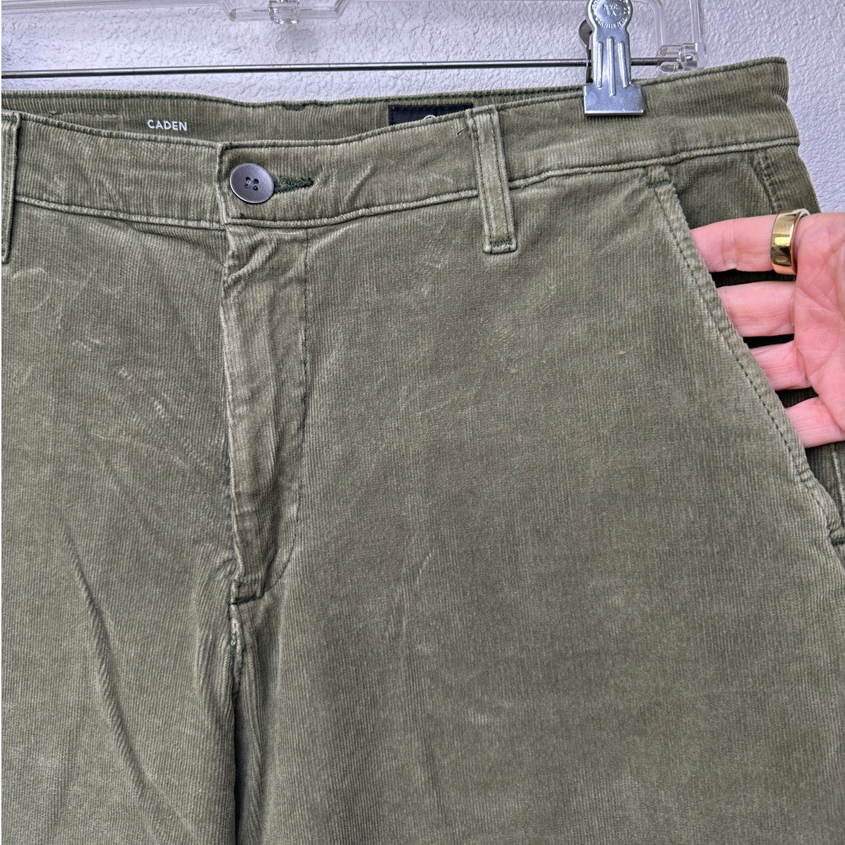 AG Adriano Goldschmied Caden Tailored Corduroy Trousers Olive Green Women’s 31R