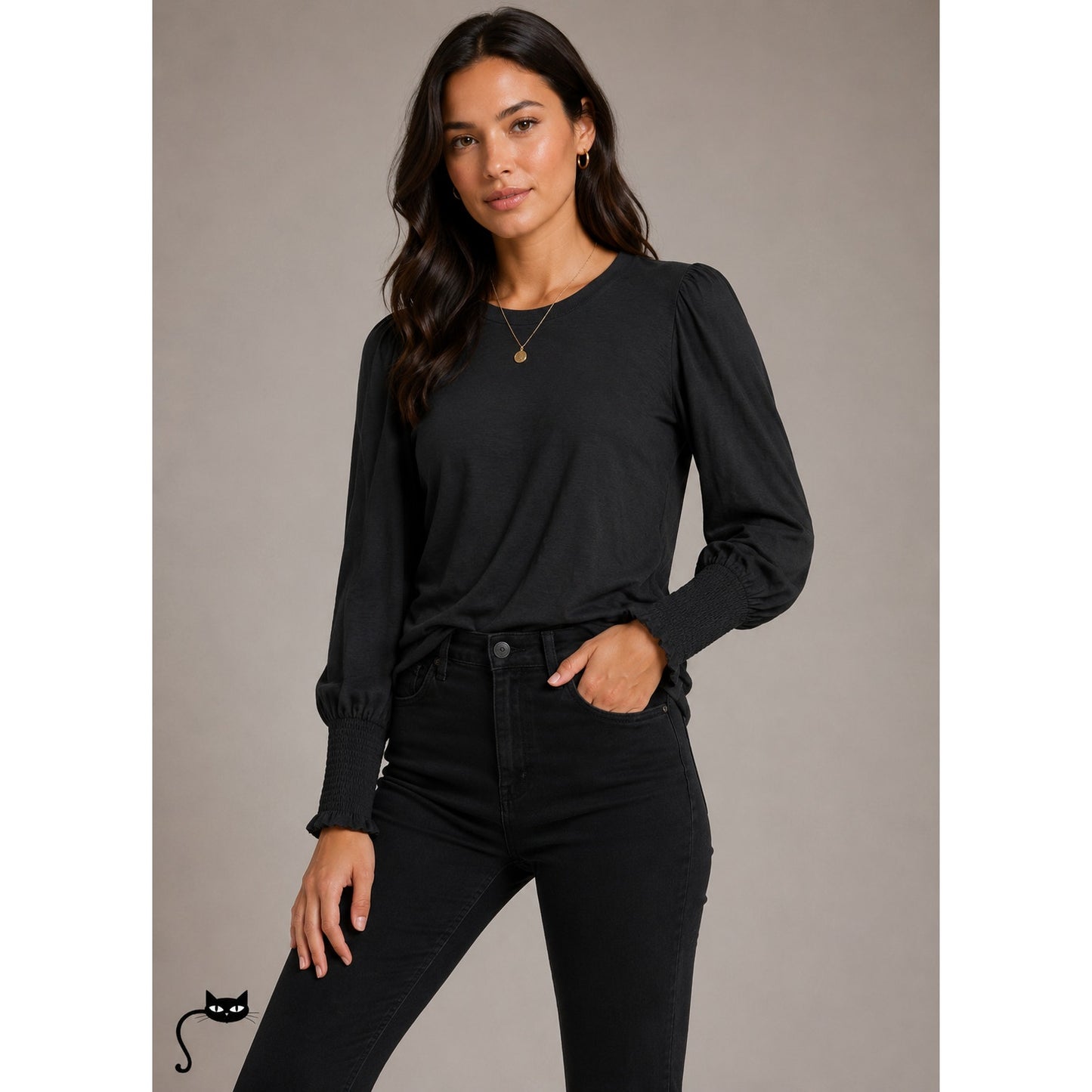 Nation LTD Black Balloon Puff Sleeve Smocked Wrist Round Neck Flowy Blouse M