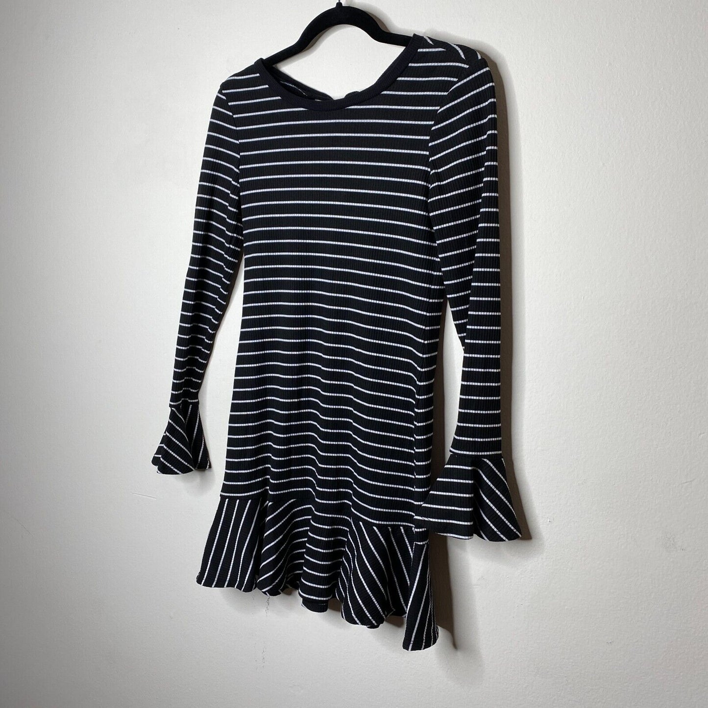 Saylor Black & White Stripe Tessa Bell Long Sleeve Keyhole Tie Knit Dress S