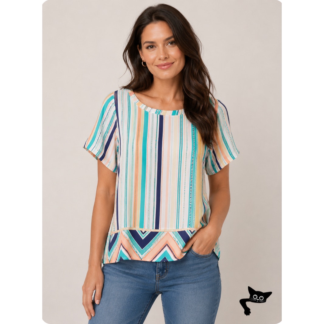 Chico's Aqua Peach and Green White Aztec Striped Boxy Blouse Short Sleeve 1