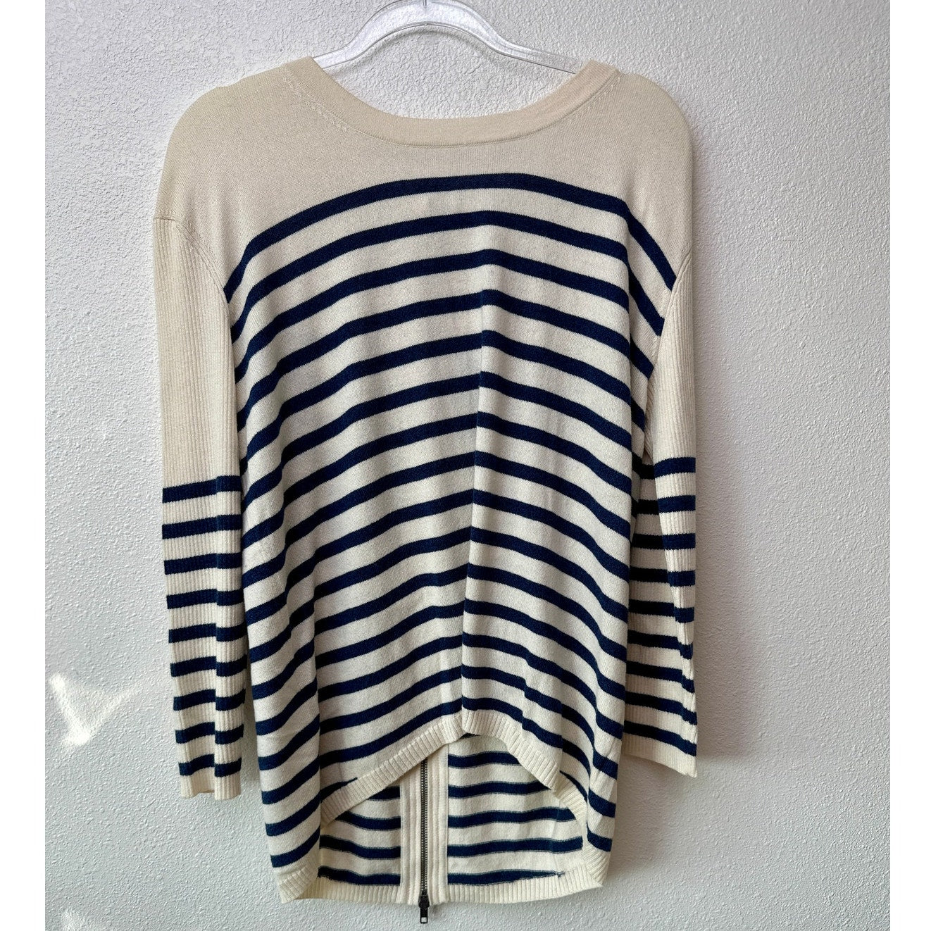 Vince Striped Sweater Cream Navy Women's US L High Low Back Zip