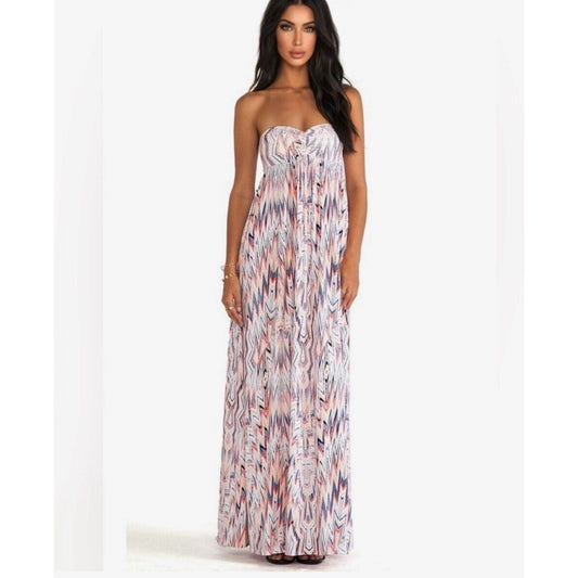 Ella Moss Xander Bandeau Style Pleated White Blue Red Aztec Print Maxi Dress SM