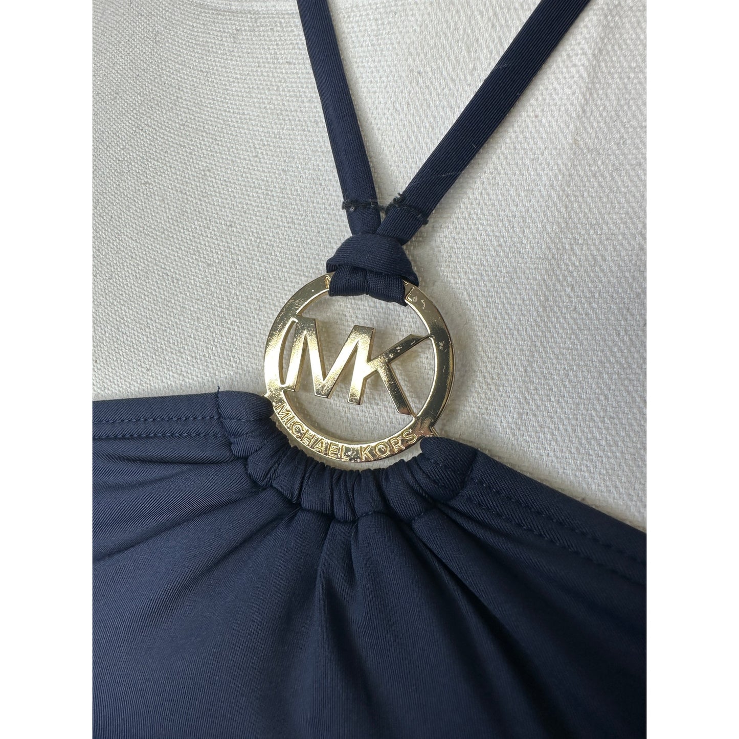 Michael Kors Navy Blue Halter Tankini Top XS Gold MK Logo Hardware Swimwear