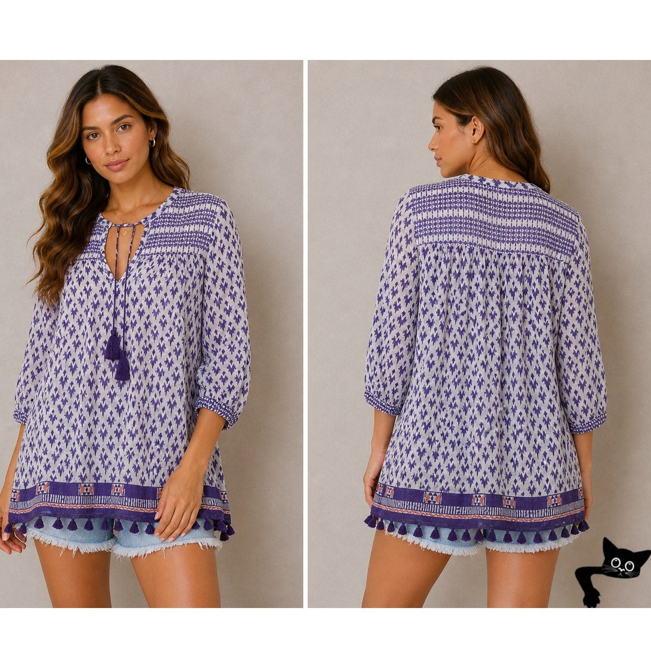 Roberta Roller Rabbit White Purple Sheer Serafina Pom Pom Tunic Top Tie Tassels
