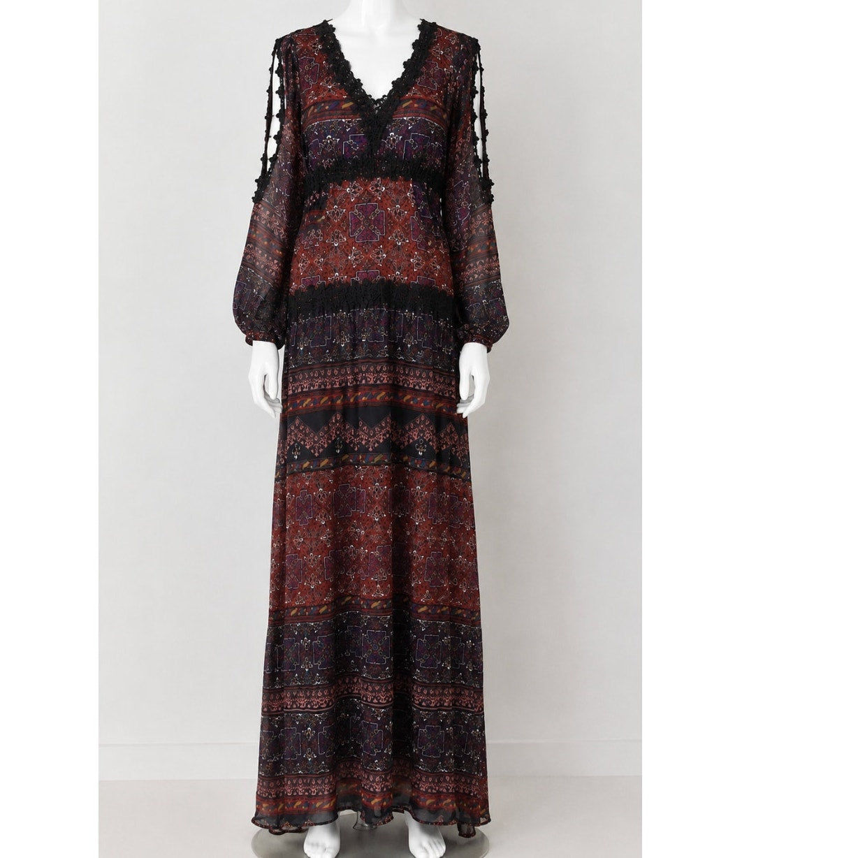 Line & Dot Black Rust Aztec Lace Trim Slit Maxi Cold Shoulder Long Sleeve M