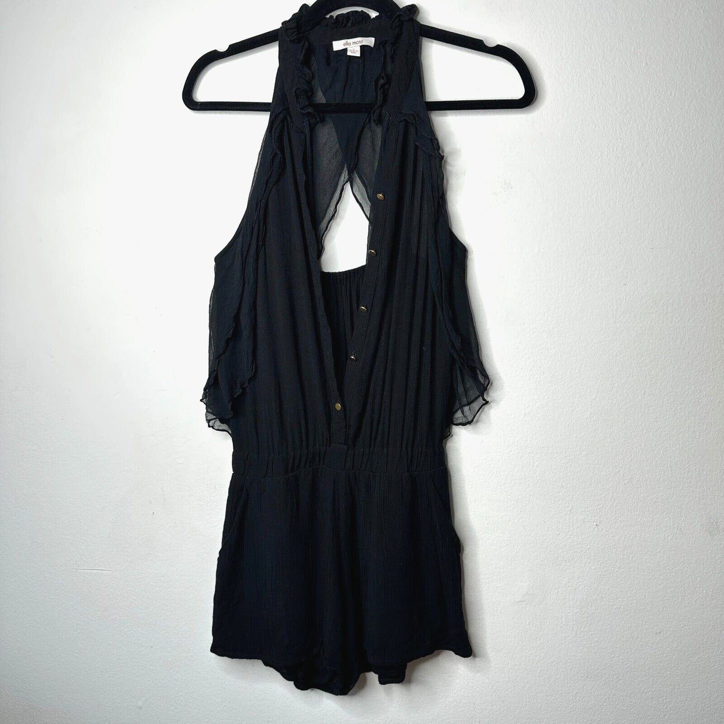 Revolve Ella Moss Black Piana Romper Tie Closure Ruffle Trim Back Cut Out S