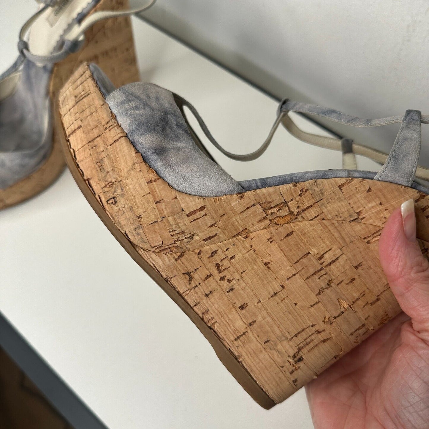 Prada Tie Dye Light Blue Suede Tan Cork Wedge Sandals Ankle Espadrilles 38