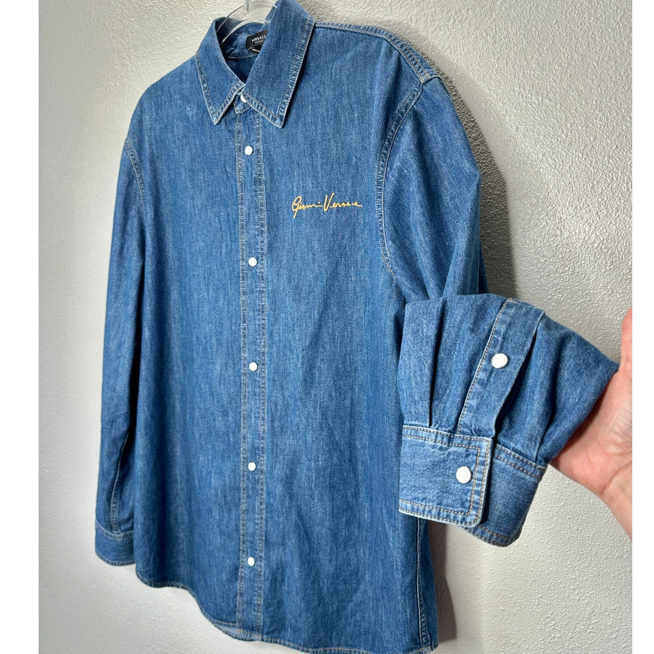 Versace Blue Denim Long Sleeve Pearl Snap Yellow Versace Logo Shirt 41 / Medium