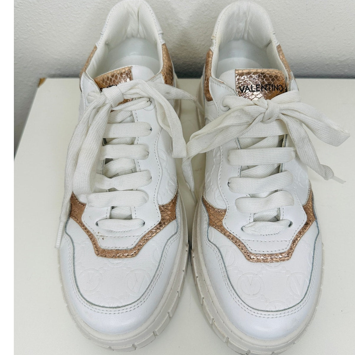Valentino Minerva Monogram White & Rose Gold Leather Lace Sneaker 9