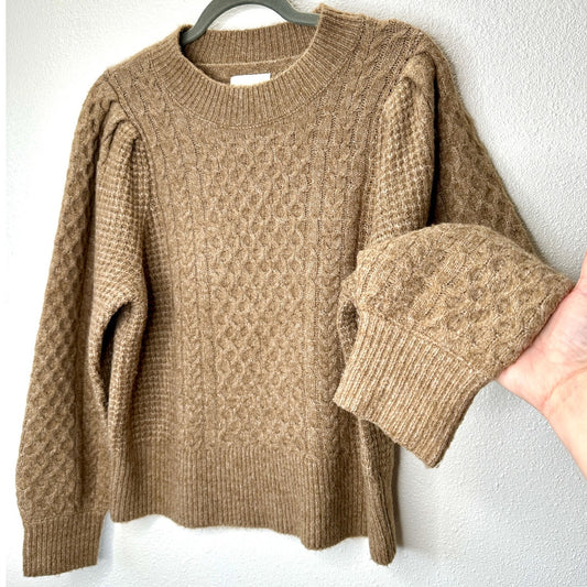 Abercombie & Fitch Tan Knit Pleated Puff Shoulder Round Neck Sweater L