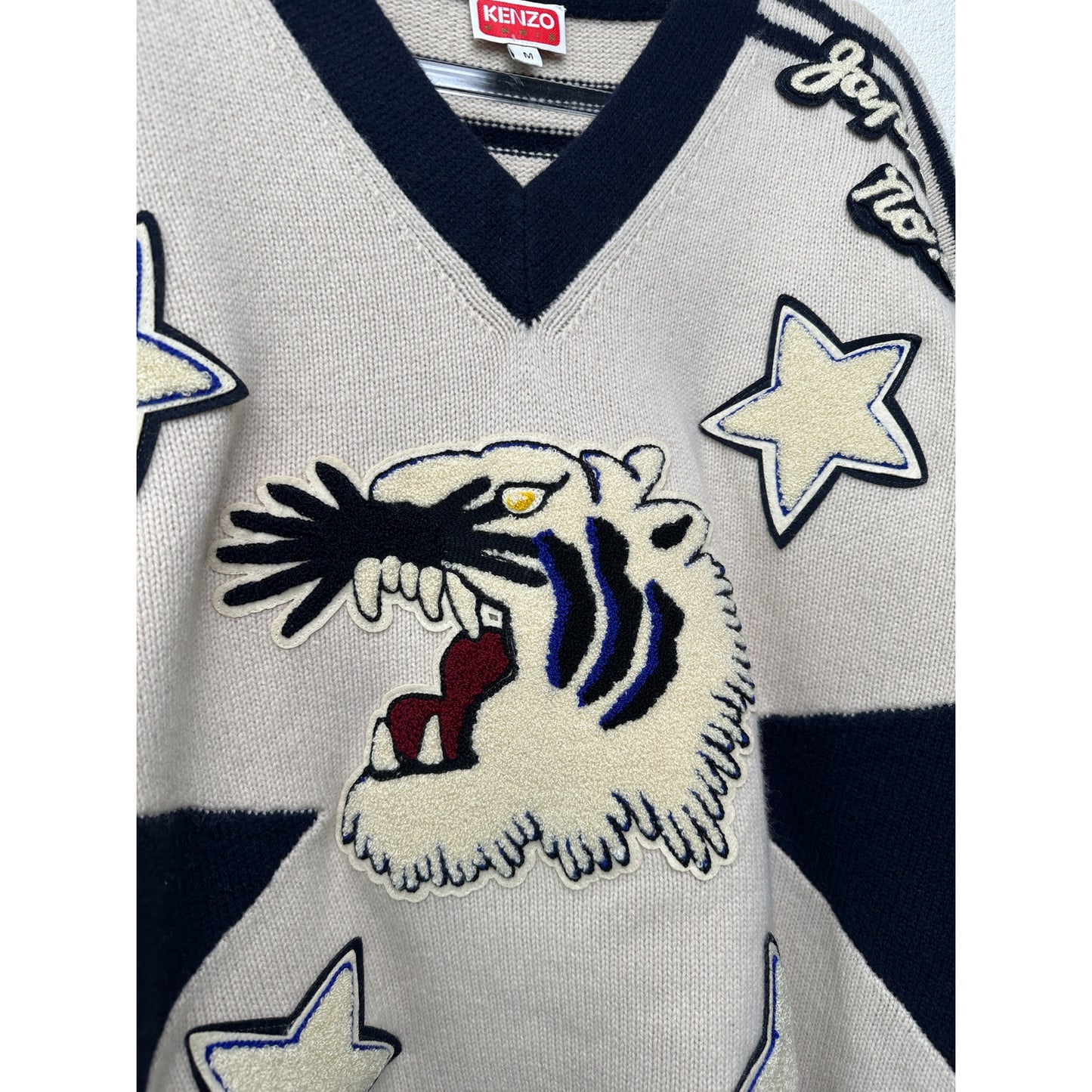KENZO Paris Tiger Graphic V-Neck Sweater Off White Navy Size M