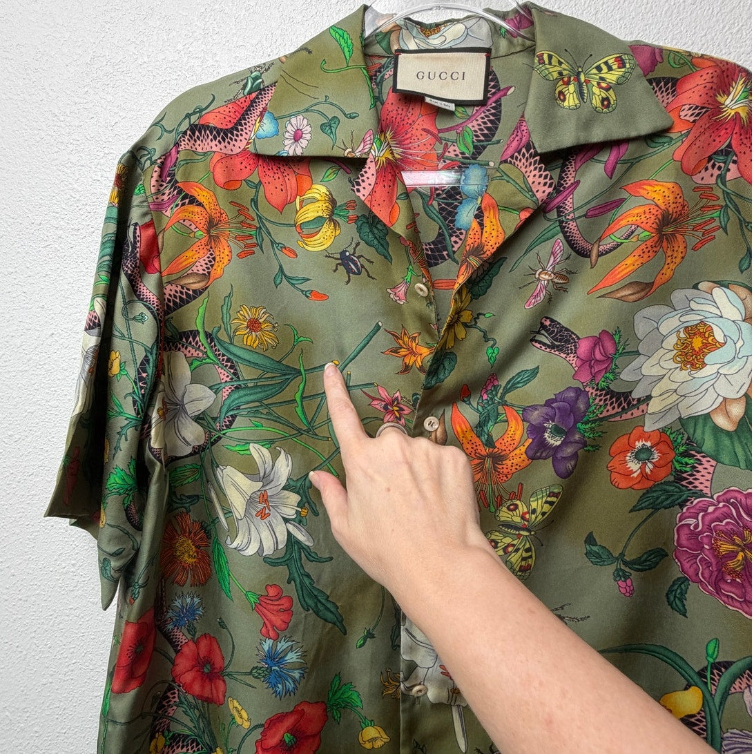 Gucci Olive Flora Snake Silk Camp Shirt Men's US 34