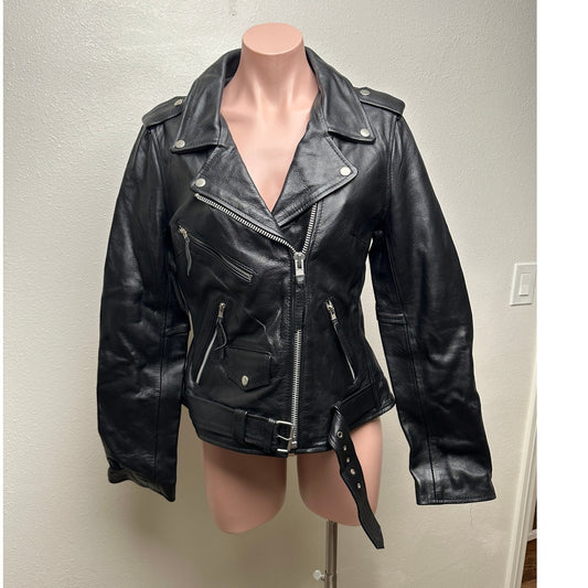 Carrie Hoxton Black Leather Moto Biker Jacket Women’s 14 Belted Zip