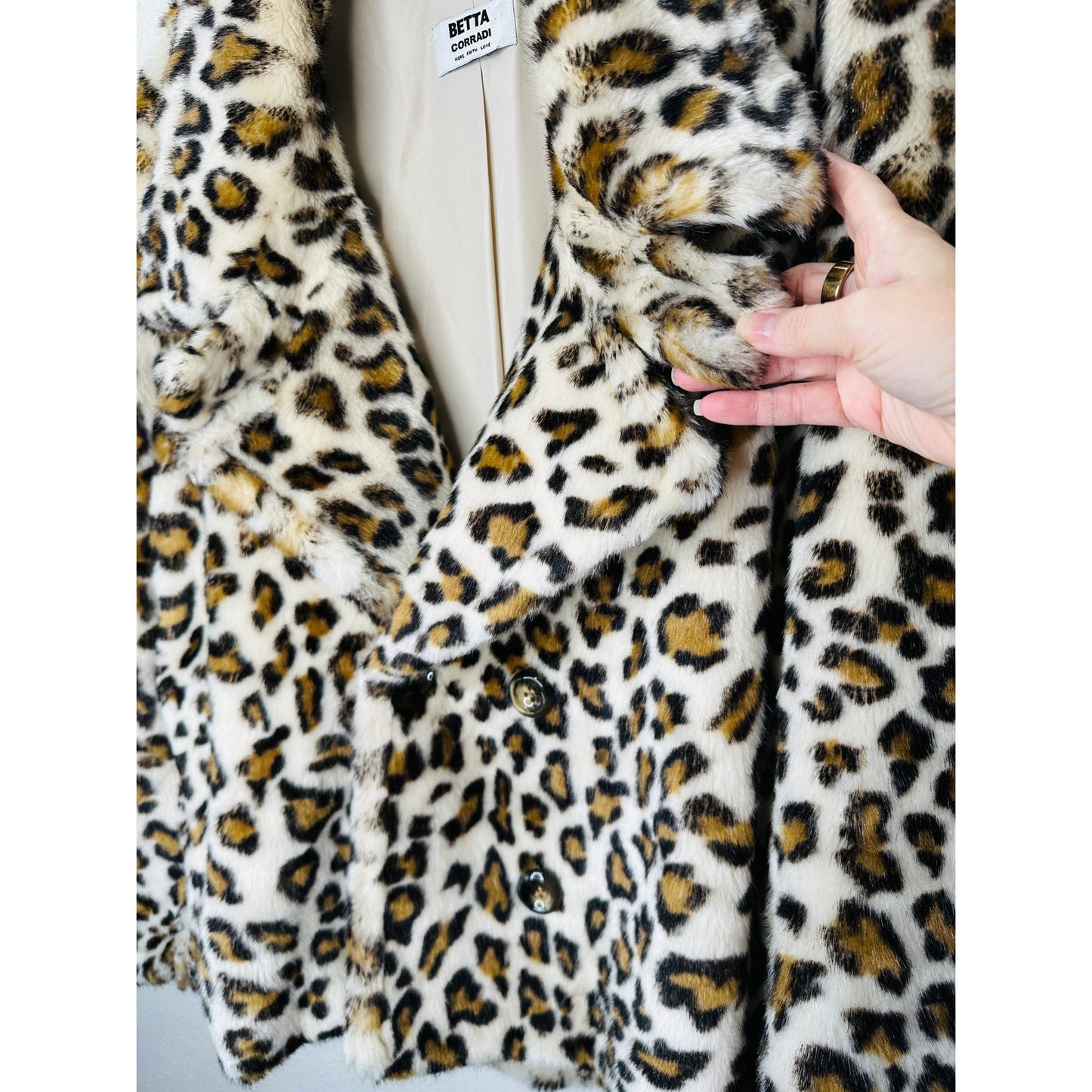 Betta Corradi Cream Brown Black Leopard Print Fuzzy Double Breasted Jacket