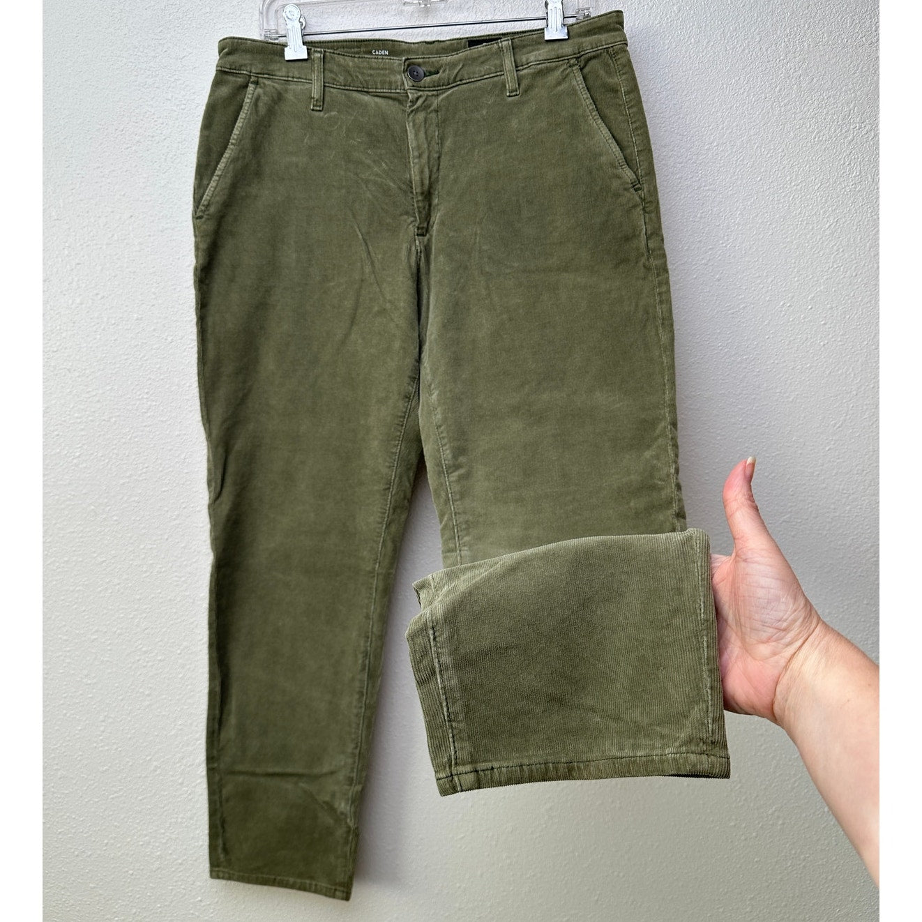 AG Adriano Goldschmied Caden Tailored Corduroy Trousers Olive Green Women’s 31R