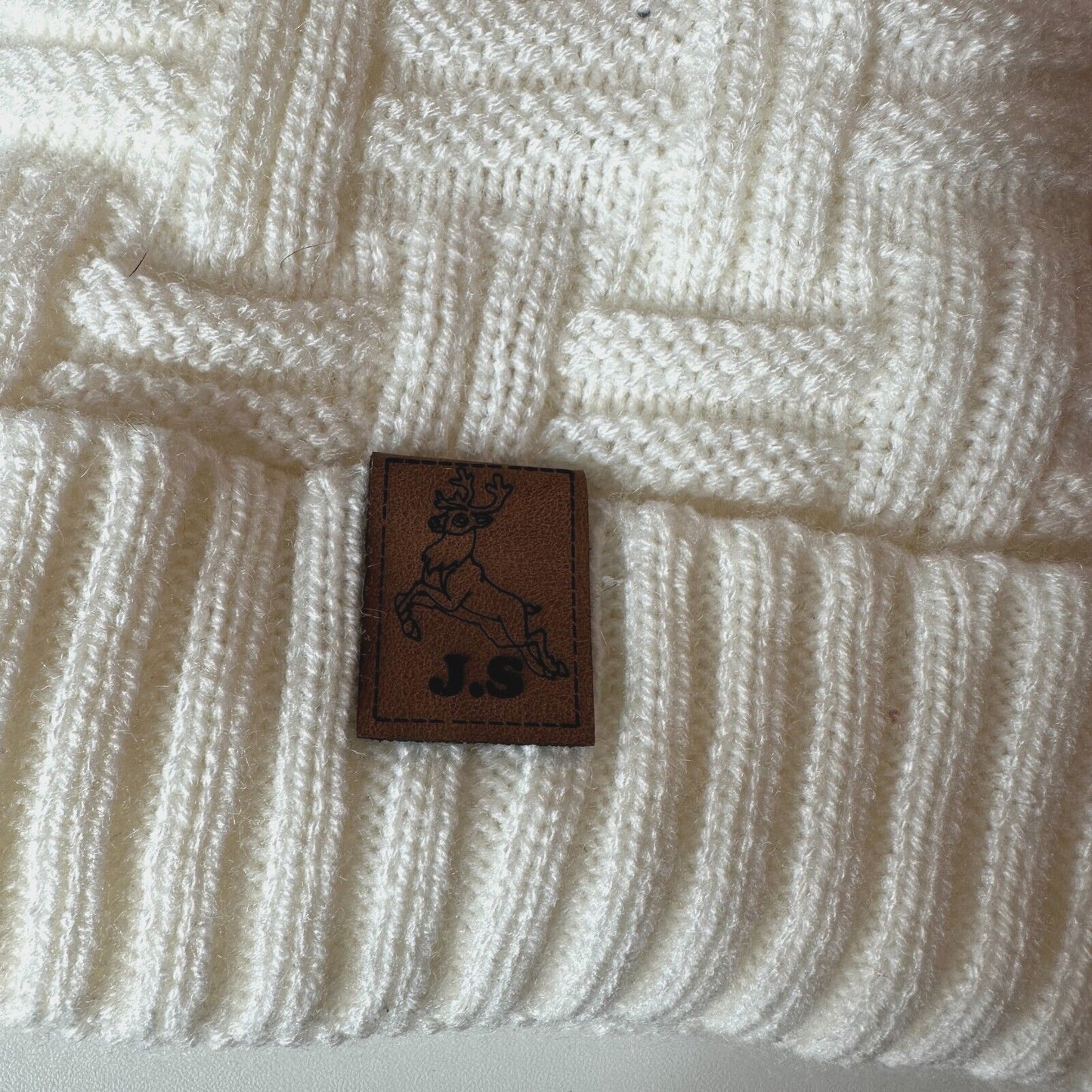 J.S Elk Deer Brown Patch Basket Weave Cream Beanie Gray Pom Pom Sherpa Lining OS