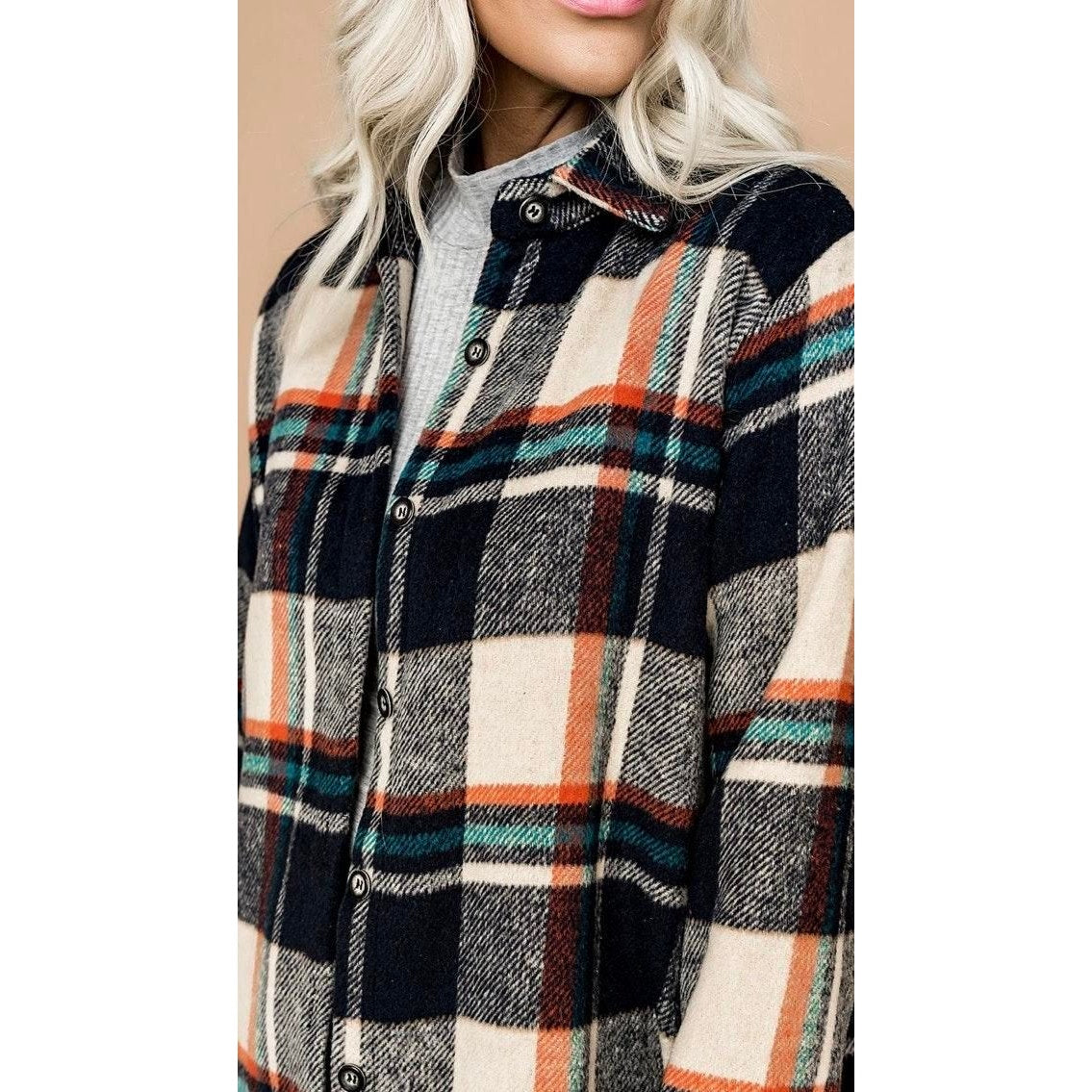 Urban Daizy Tan Navy Orange Plaid Button Long Sleeve Shacket M