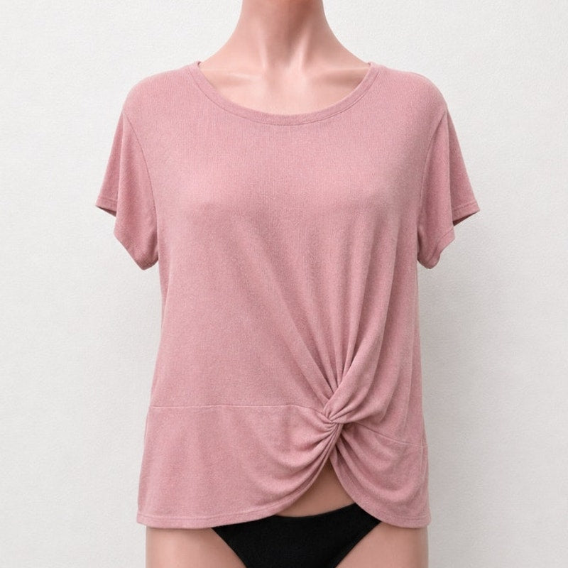 Time & Tru Pink Front-Twist Tie Short Sleeve Wide Round Neck Flowy Tunic Top L