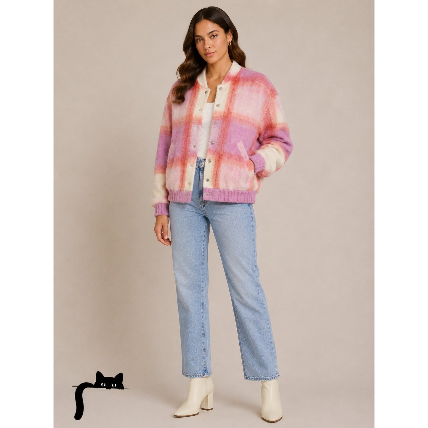 IRO Lahiana Biker Jacket Pink Tartan Plaid Long Sleeve Wool Bomber 40 / M