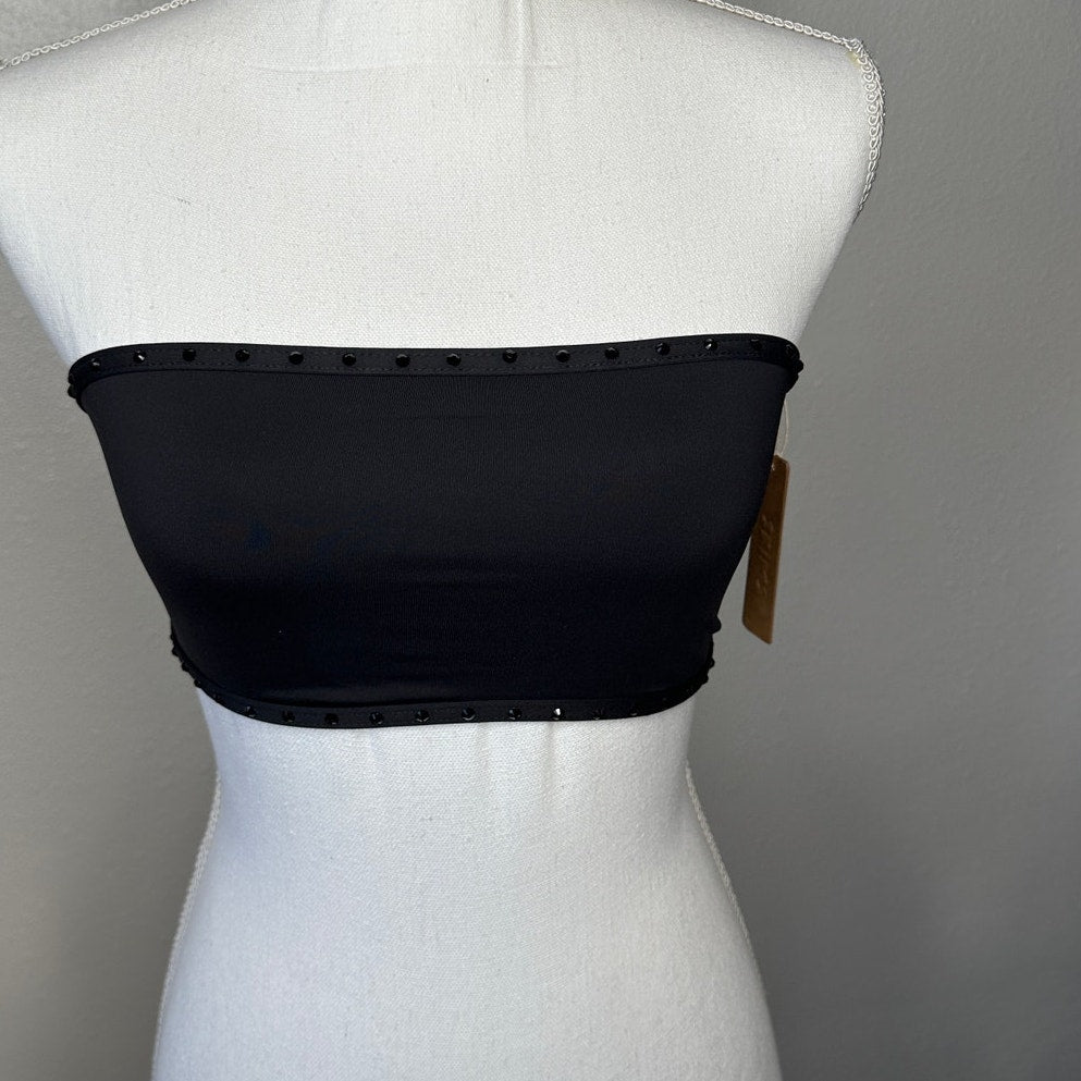 NWT SKIMS Swim Rhinestone Bandeau Top S Onyx Black Strapless Sparkle Swimwear