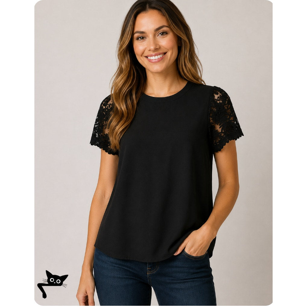 Lush Black Sheer Mesh Floral Lace Short Sleeve Keyhole Button Flowy Blouse M