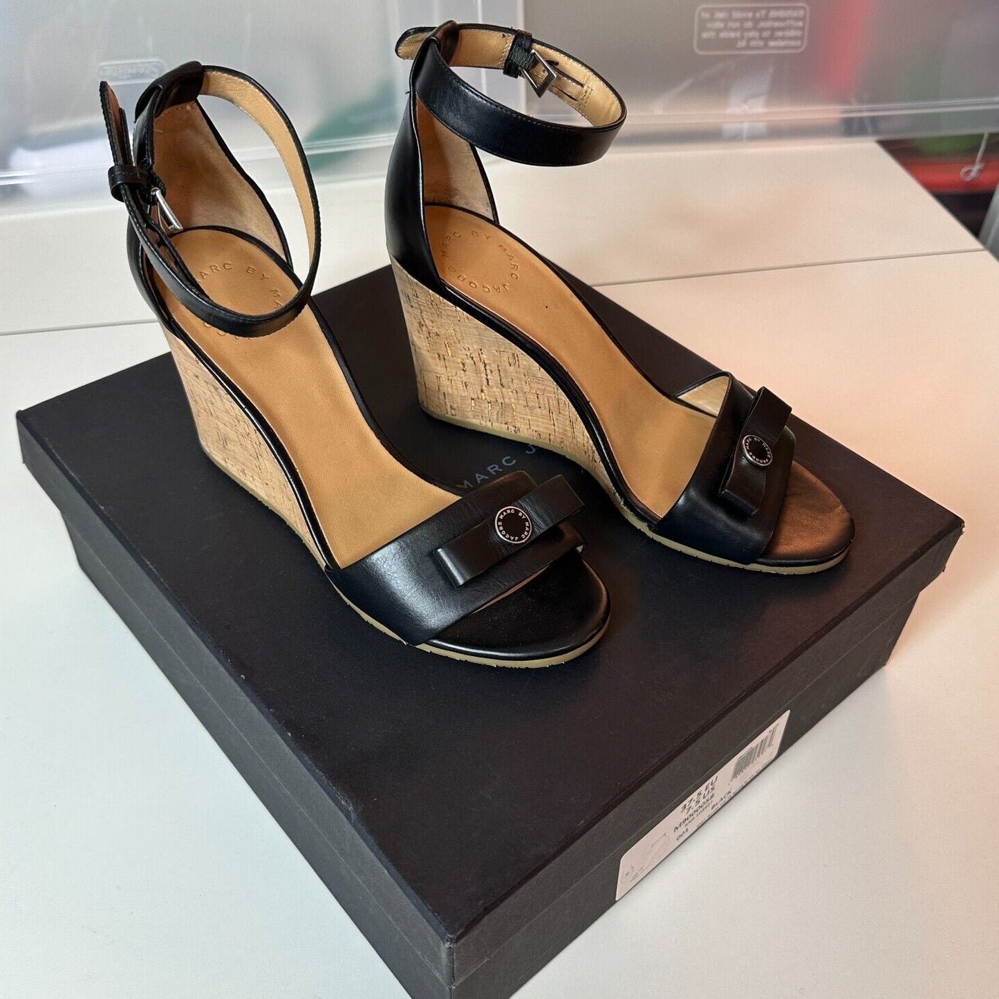 Marc by Marc Jacobs Black Leather & Cork Wedge Ankle Strap Sandals Silver 7.5