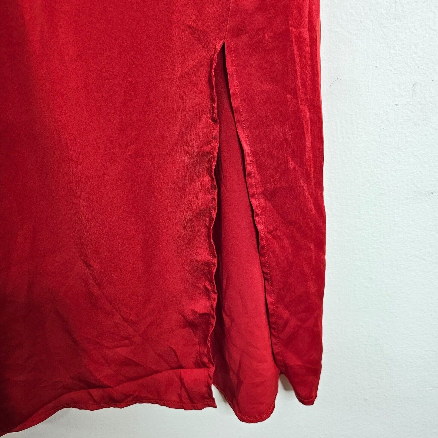 D&M Red Sexy Spaghetti Strap Drape Neck Front Slit Back Zip Satin Dress Small