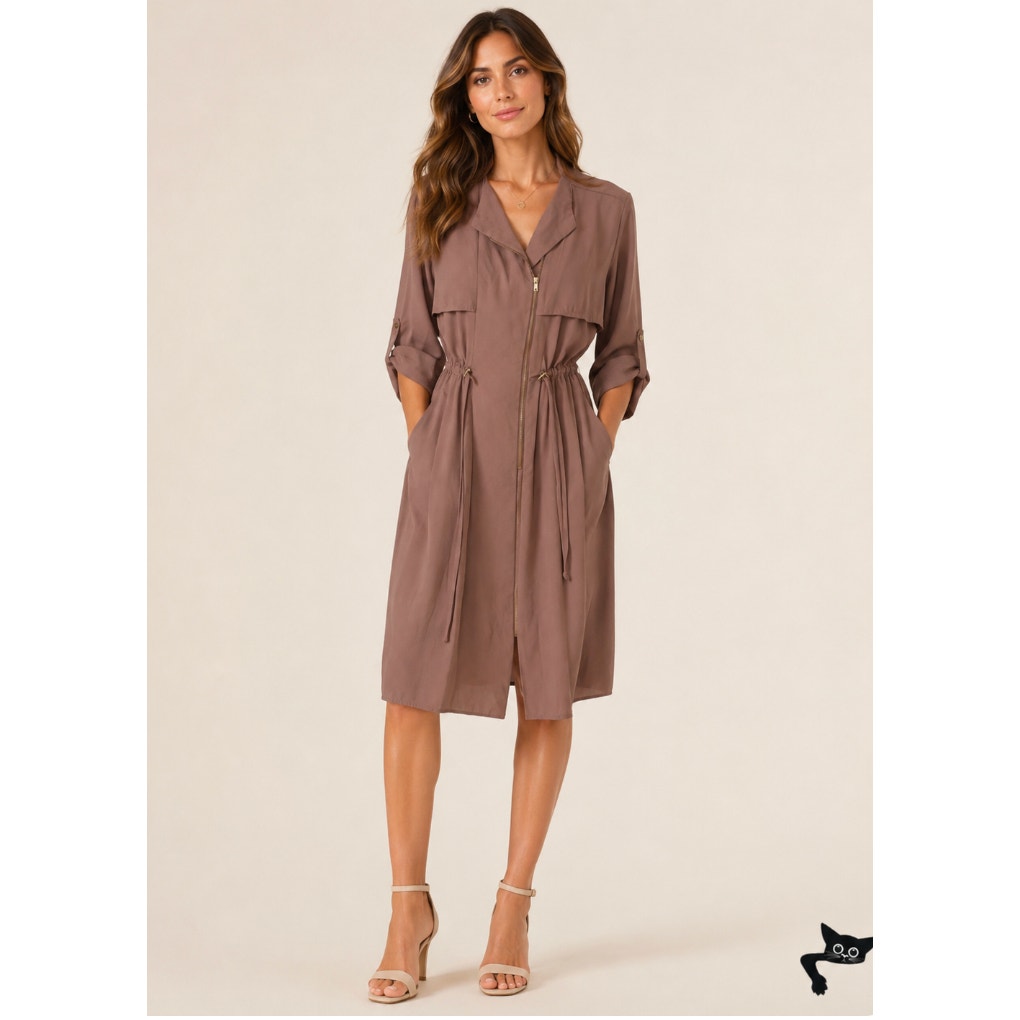 Spoon Milk Chocolate Utility Cinch Waist Tab Sleeve Shirtdress Front Zip S